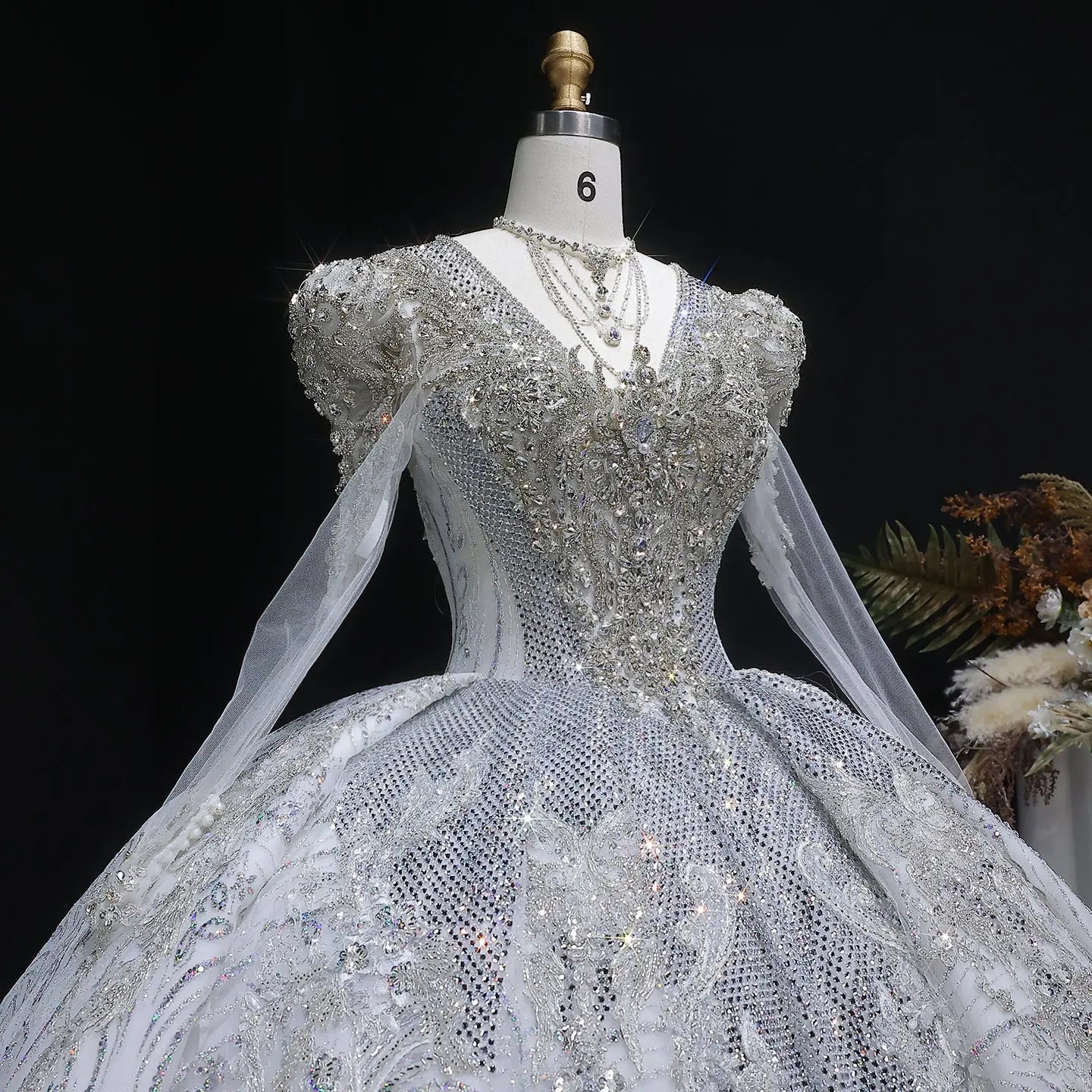 Glamorous White Diamond Embroidered Long Sleeve Wedding Dress SW603
