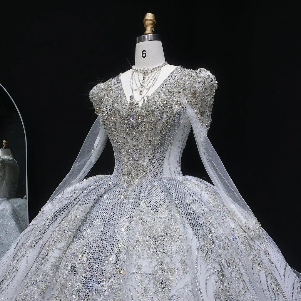 Glamorous White Diamond Embroidered Long Sleeve Wedding Dress SW603