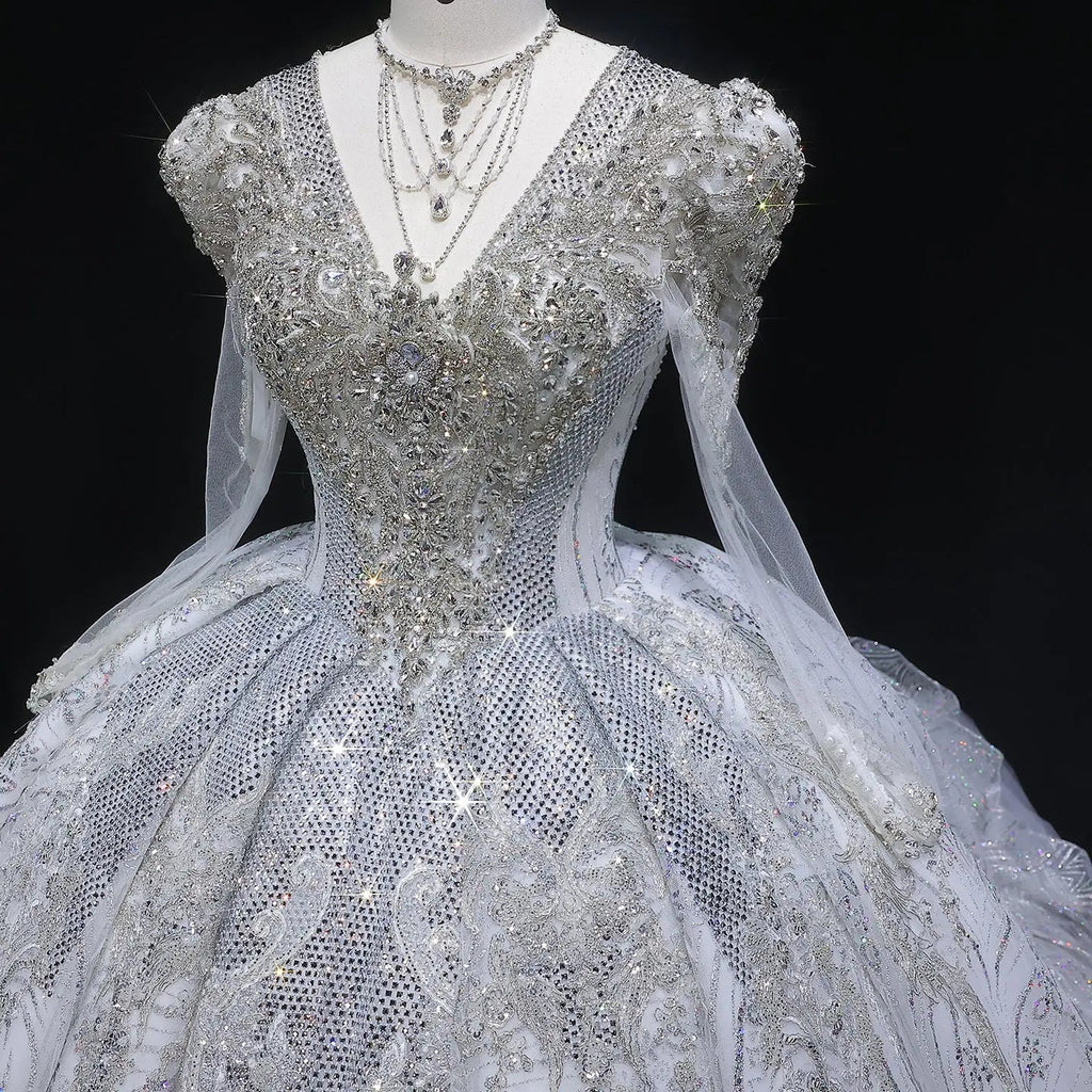 Glamorous White Diamond Embroidered Long Sleeve Wedding Dress SW603