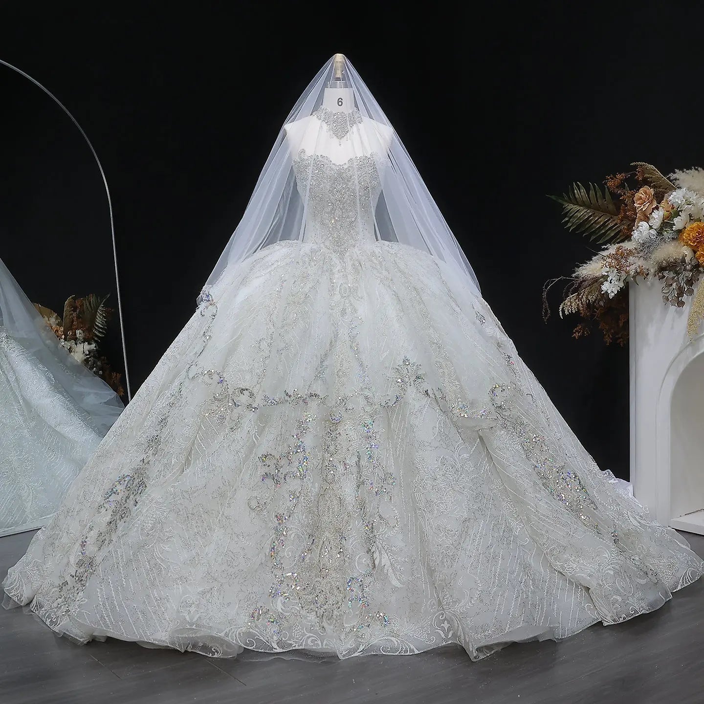 Luxury Sparkly White Ball Gown with Full-Sequin Embroidery Wedding Dress SW604