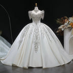 Luxury Satin Ivory Ball Gown with Silver Floral Embroidery Wedding Dress SW605