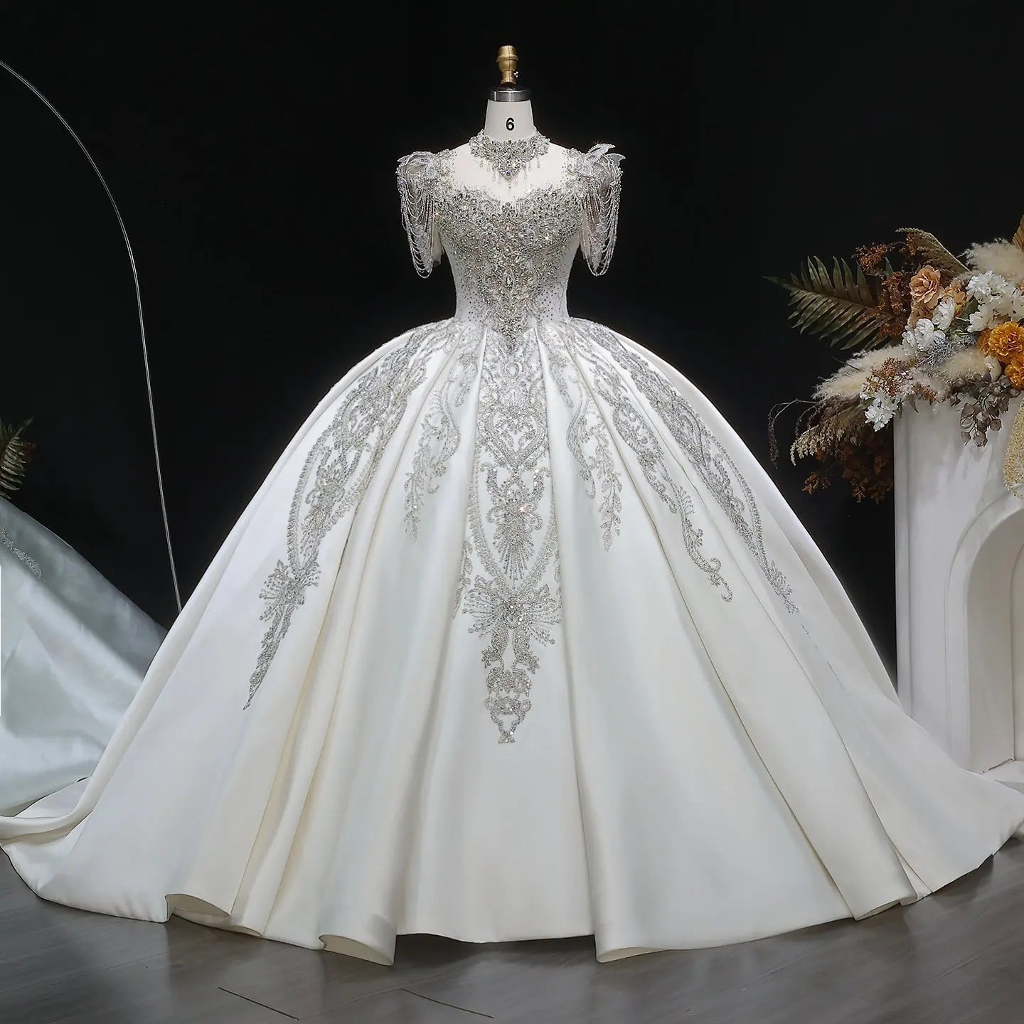 Luxury Satin Ivory Ball Gown with Silver Floral Embroidery Wedding Dress SW605