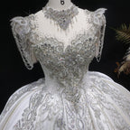 Luxury Satin Ivory Ball Gown with Silver Floral Embroidery Wedding Dress SW605
