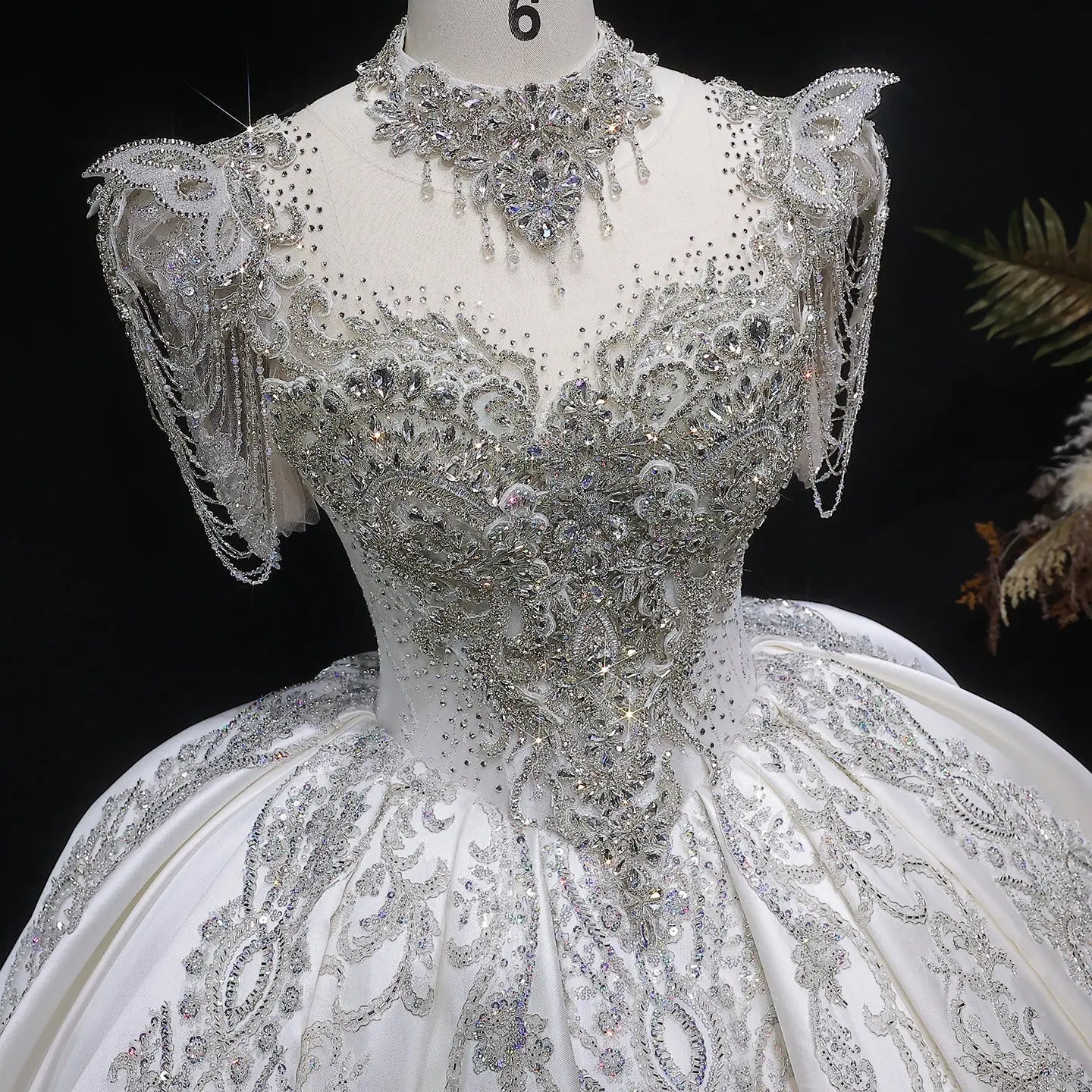 Luxury Satin Ivory Ball Gown with Silver Floral Embroidery Wedding Dress SW605
