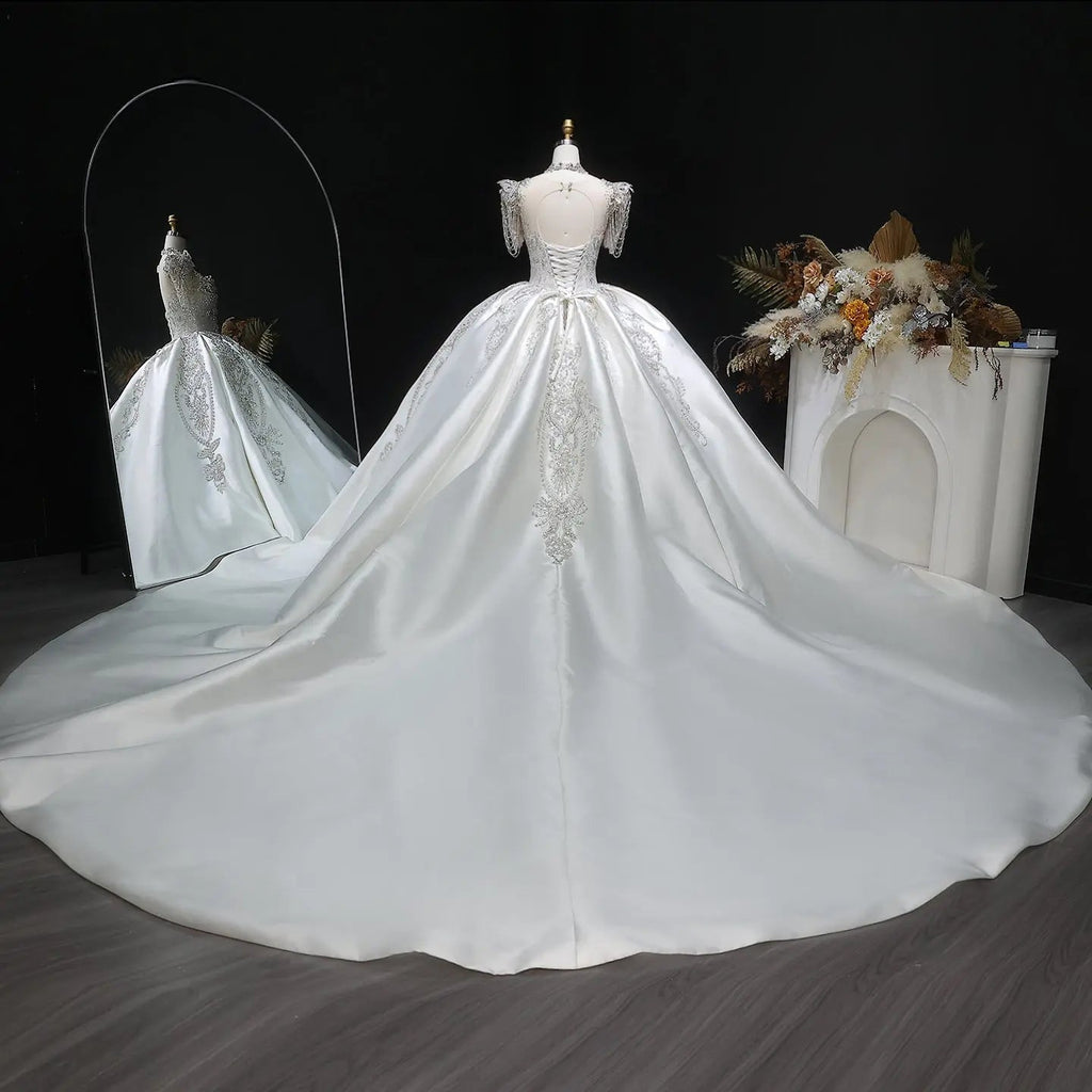 Luxury Satin Ivory Ball Gown with Silver Floral Embroidery Wedding Dress SW605