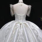Luxury Satin Ivory Ball Gown with Silver Floral Embroidery Wedding Dress SW605