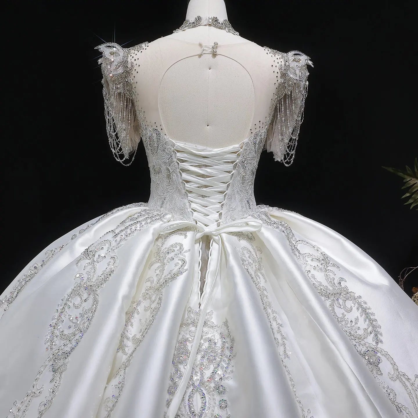Luxury Satin Ivory Ball Gown with Silver Floral Embroidery Wedding Dress SW605