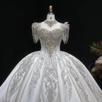 Luxury Satin Ivory Ball Gown with Silver Floral Embroidery Wedding Dress SW605
