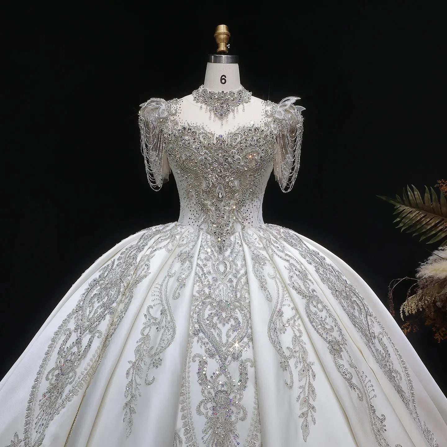 Luxury Satin Ivory Ball Gown with Silver Floral Embroidery Wedding Dress SW605