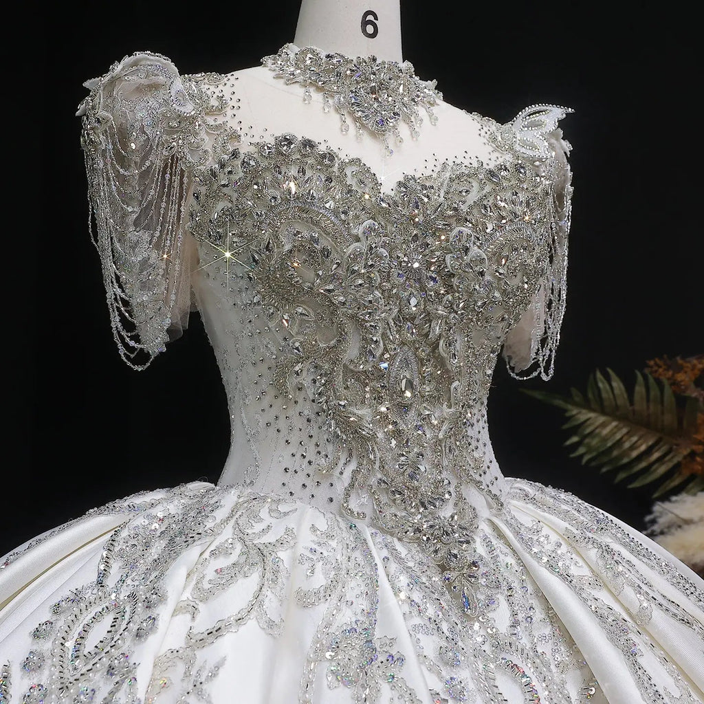 Luxury Satin Ivory Ball Gown with Silver Floral Embroidery Wedding Dress SW605