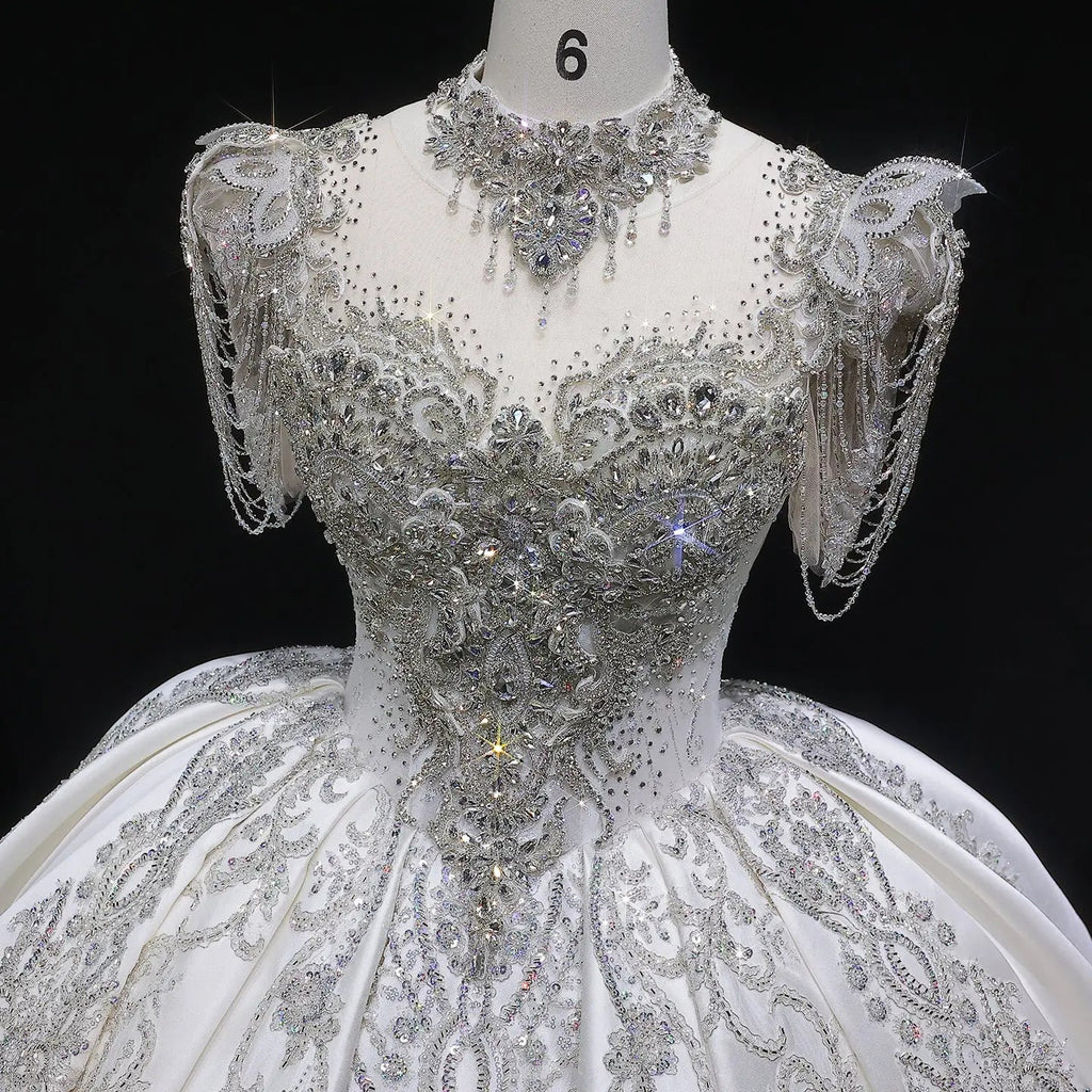 Luxury Satin Ivory Ball Gown with Silver Floral Embroidery Wedding Dress SW605