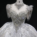 Luxury Satin Ivory Ball Gown with Silver Floral Embroidery Wedding Dress SW605