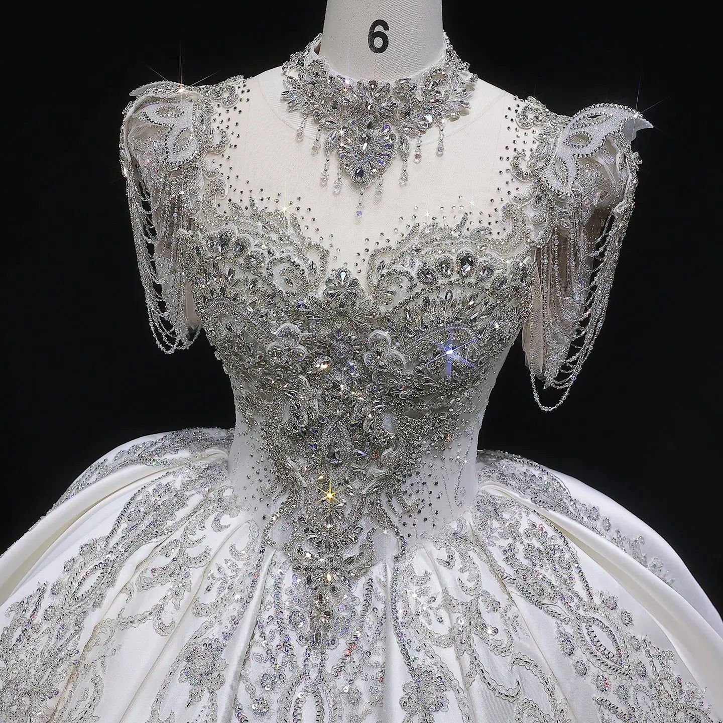 Luxury Satin Ivory Ball Gown with Silver Floral Embroidery Wedding Dress SW605