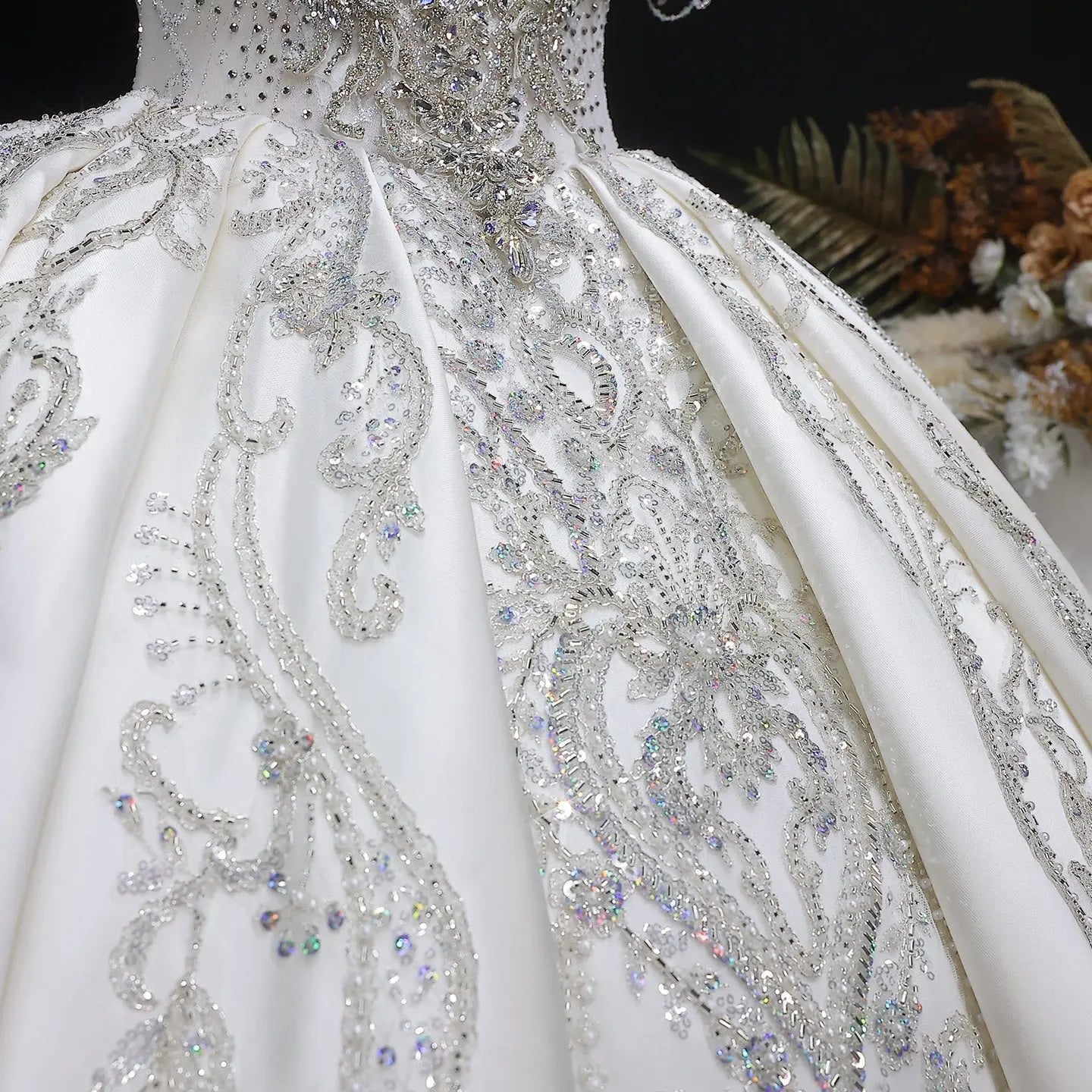 Luxury Satin Ivory Ball Gown with Silver Floral Embroidery Wedding Dress SW605