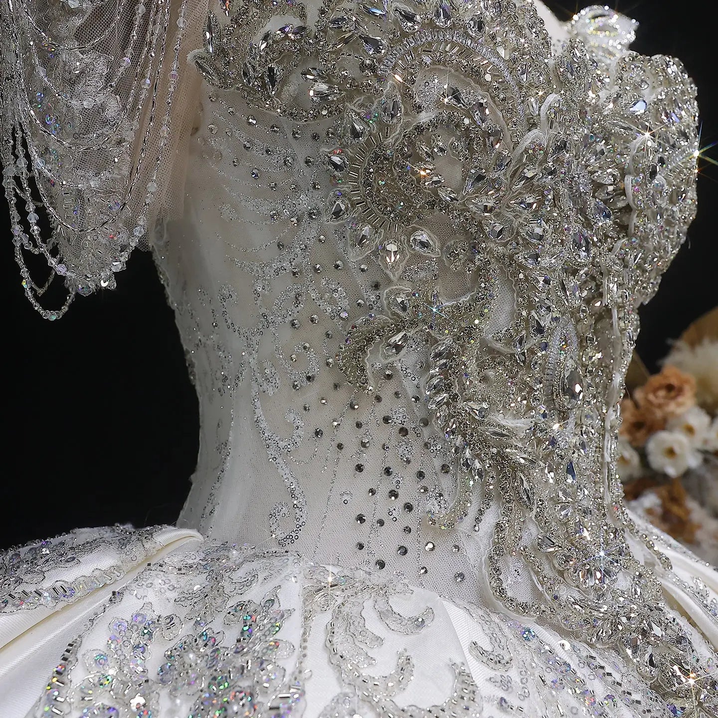 Luxury Satin Ivory Ball Gown with Silver Floral Embroidery Wedding Dress SW605