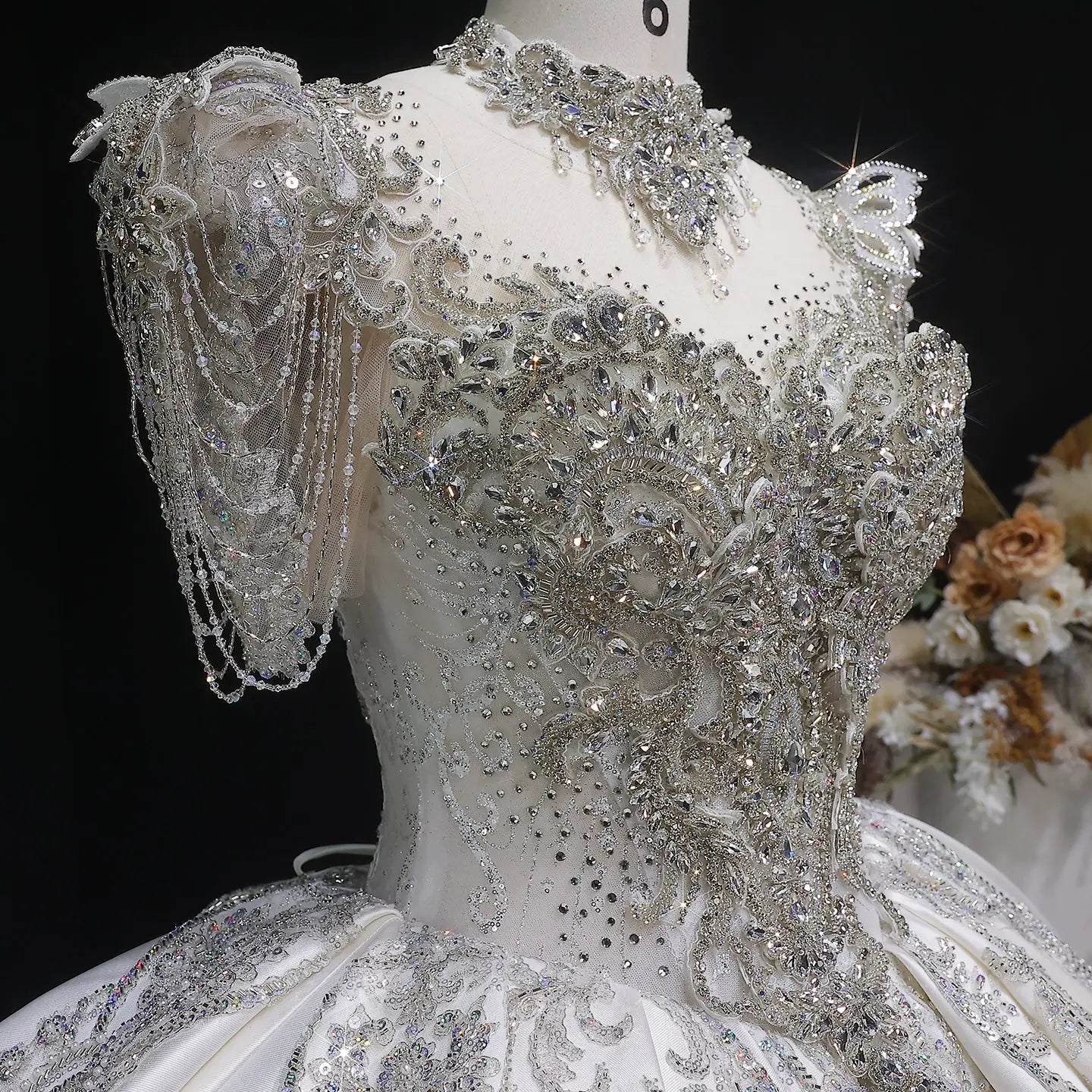 Luxury Satin Ivory Ball Gown with Silver Floral Embroidery Wedding Dress SW605
