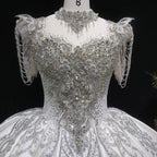 Luxury Satin Ivory Ball Gown with Silver Floral Embroidery Wedding Dress SW605