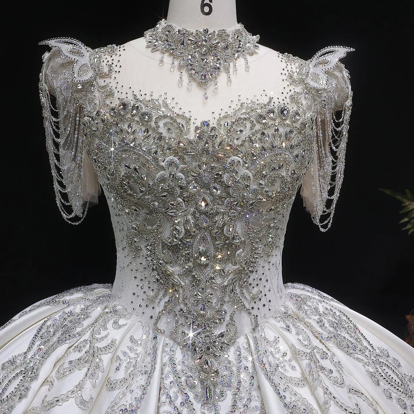 Luxury Satin Ivory Ball Gown with Silver Floral Embroidery Wedding Dress SW605