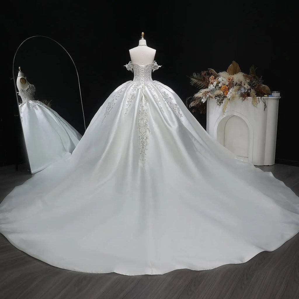 Ivory Luxury Satin Ball Gown with Silver Embroidery Wedding Dress SW606
