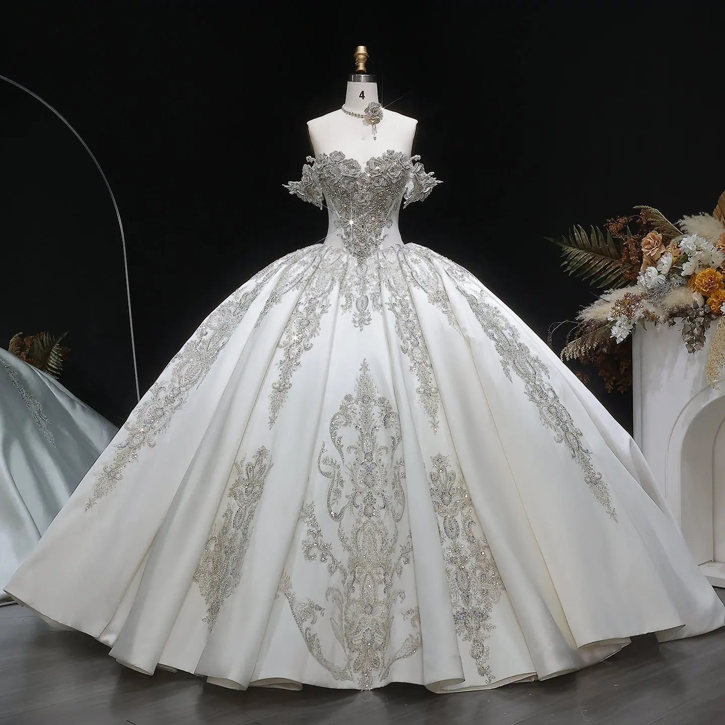 Ivory Luxury Satin Ball Gown with Silver Embroidery Wedding Dress SW606