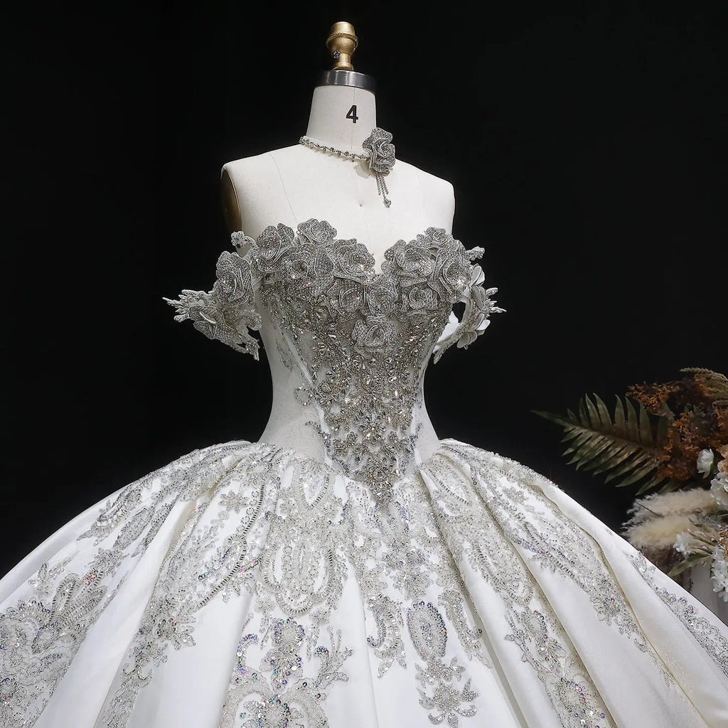 Ivory Luxury Satin Ball Gown with Silver Embroidery Wedding Dress SW606