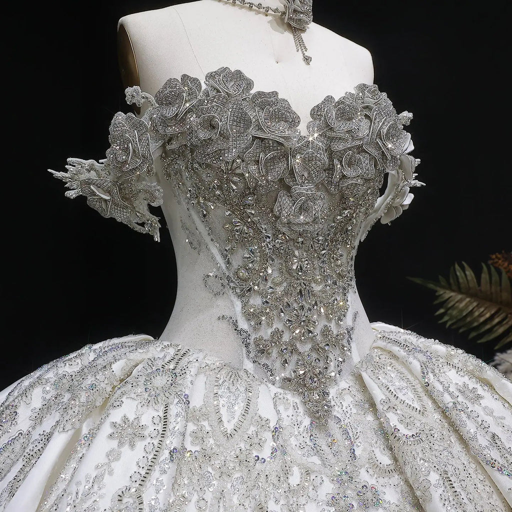Ivory Luxury Satin Ball Gown with Silver Embroidery Wedding Dress SW606