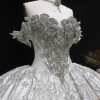 Ivory Luxury Satin Ball Gown with Silver Embroidery Wedding Dress SW606