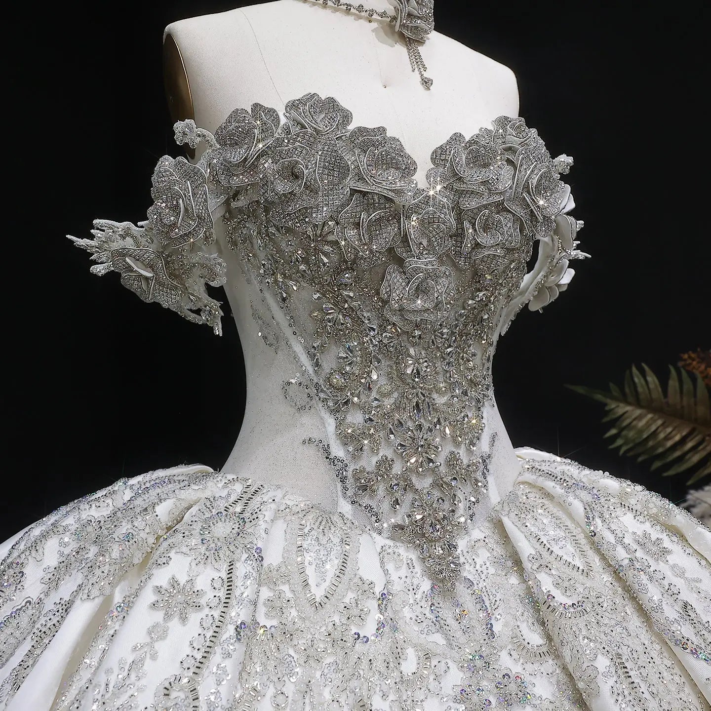 Ivory Luxury Satin Ball Gown with Silver Embroidery Wedding Dress SW606