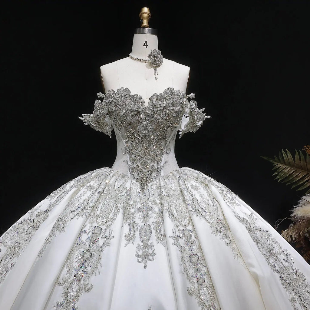 Ivory Luxury Satin Ball Gown with Silver Embroidery Wedding Dress SW606