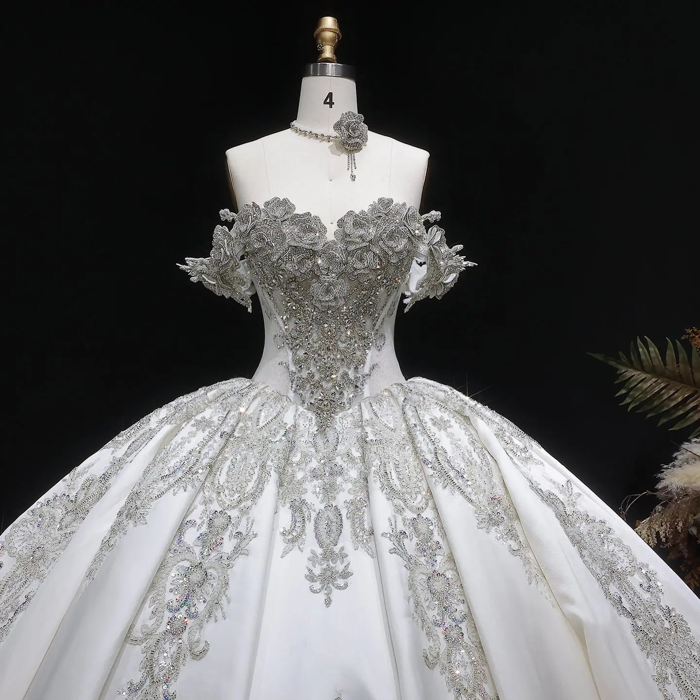 Ivory Luxury Satin Ball Gown with Silver Embroidery Wedding Dress SW606