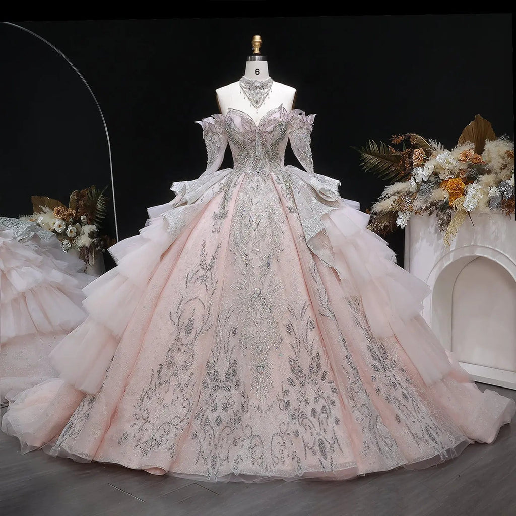 Luxury Embroidery Puff Sleeve Ball Gown Wedding Dress SW608