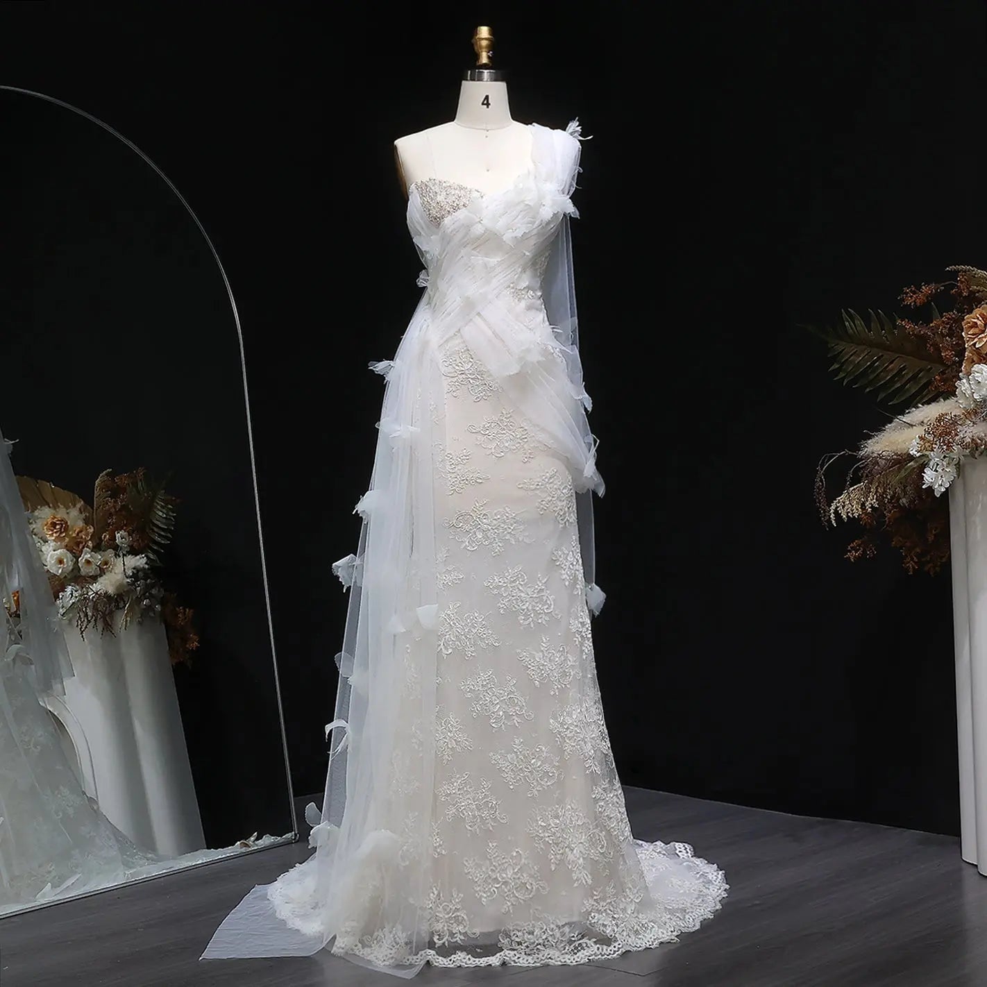 Luxury White One-Shoulder Lace Ruched Bow Mermaid Wedding Dress SW638