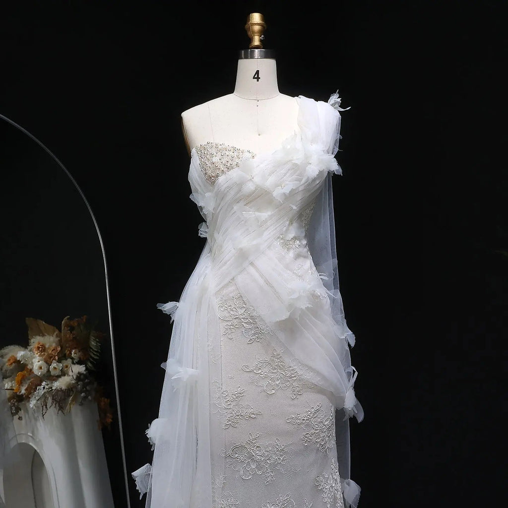 Luxury White One-Shoulder Lace Ruched Bow Mermaid Wedding Dress SW638