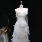 Luxury White One-Shoulder Lace Ruched Bow Mermaid Wedding Dress SW638