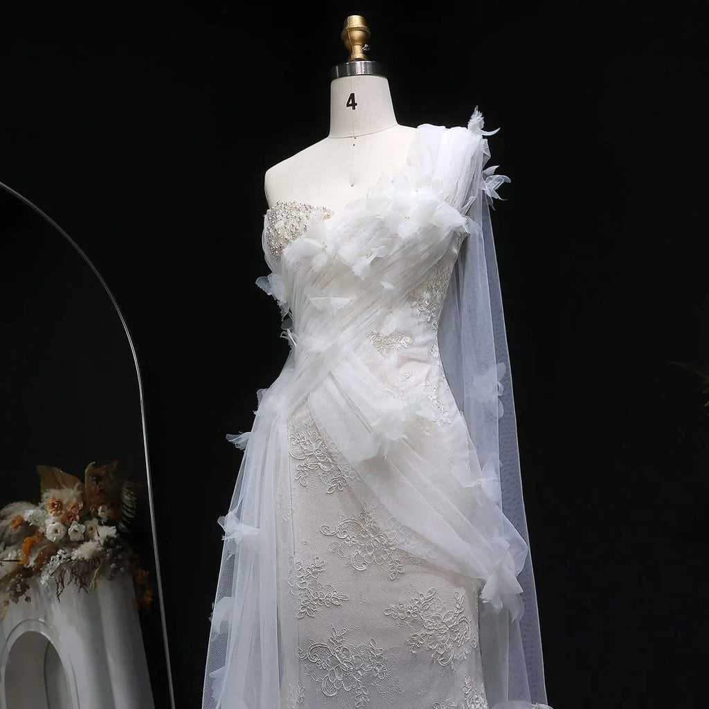 Luxury White One-Shoulder Lace Ruched Bow Mermaid Wedding Dress SW638