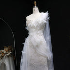 Luxury White One-Shoulder Lace Ruched Bow Mermaid Wedding Dress SW638