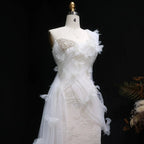 Luxury White One-Shoulder Lace Ruched Bow Mermaid Wedding Dress SW638