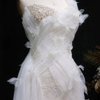 Luxury White One-Shoulder Lace Ruched Bow Mermaid Wedding Dress SW638