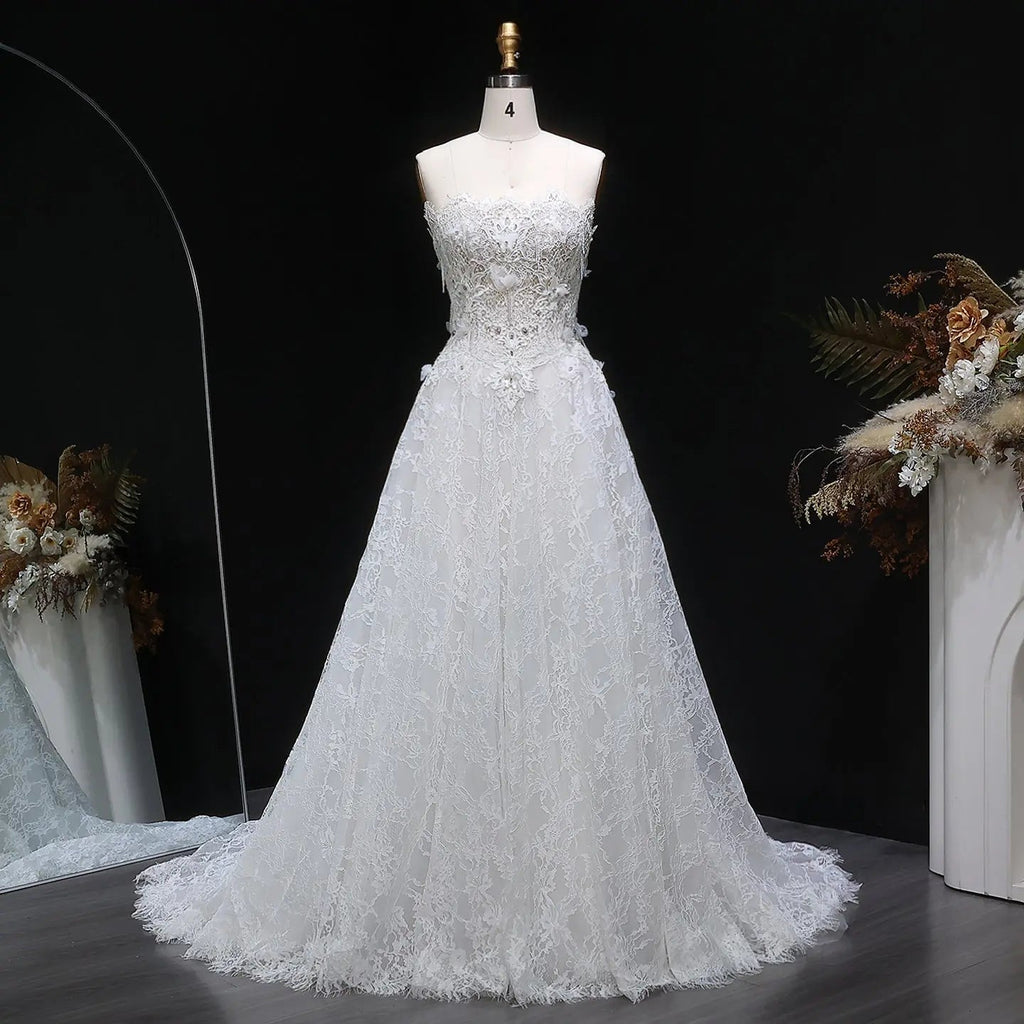 Luxury White Embroidered 3D Floral Strapless Ball Gown Wedding Dress SW639