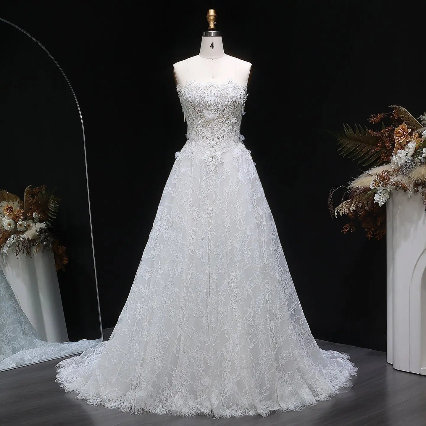 Luxury White Embroidered 3D Floral Strapless Ball Gown Wedding Dress SW639