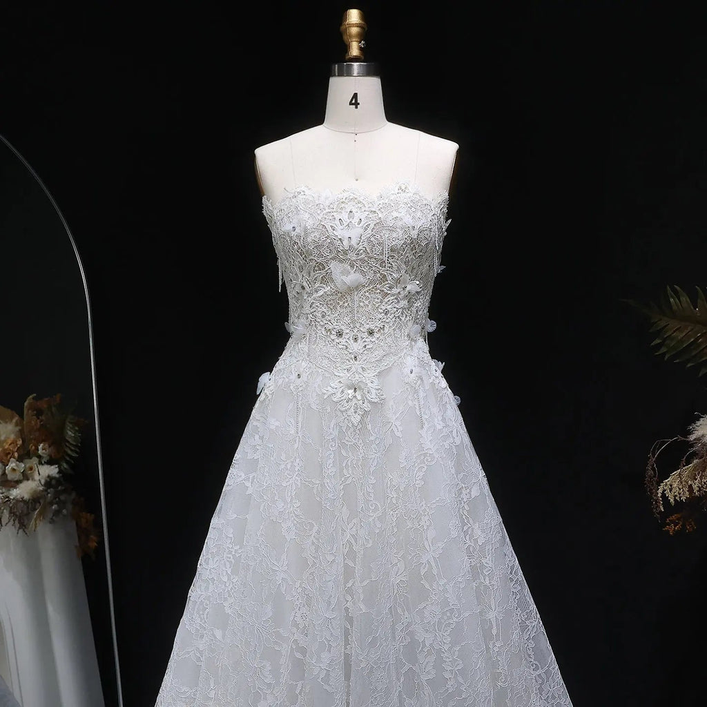Luxury White Embroidered 3D Floral Strapless Ball Gown Wedding Dress SW639