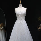 Luxury White Embroidered 3D Floral Strapless Ball Gown Wedding Dress SW639