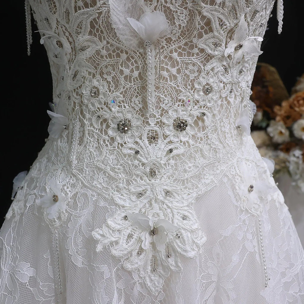 Luxury White Embroidered 3D Floral Strapless Ball Gown Wedding Dress SW639