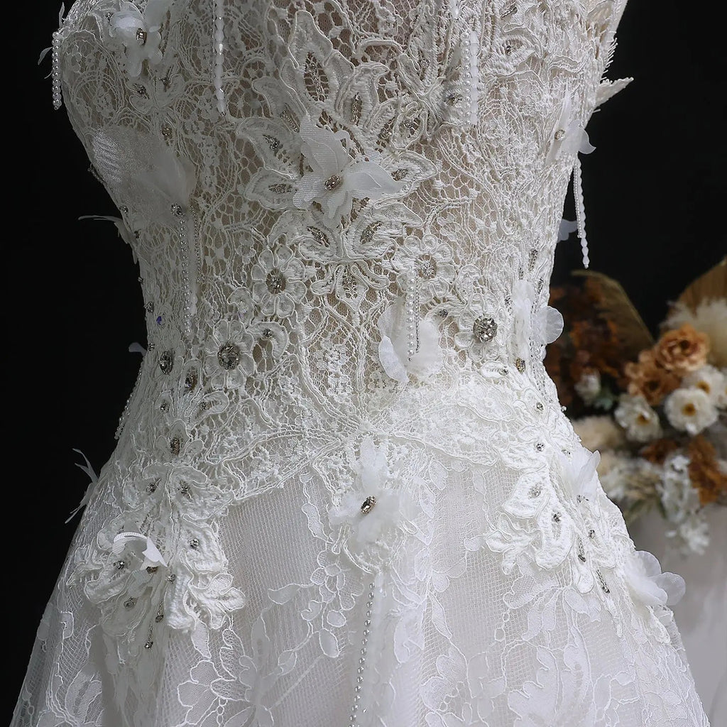 Luxury White Embroidered 3D Floral Strapless Ball Gown Wedding Dress SW639