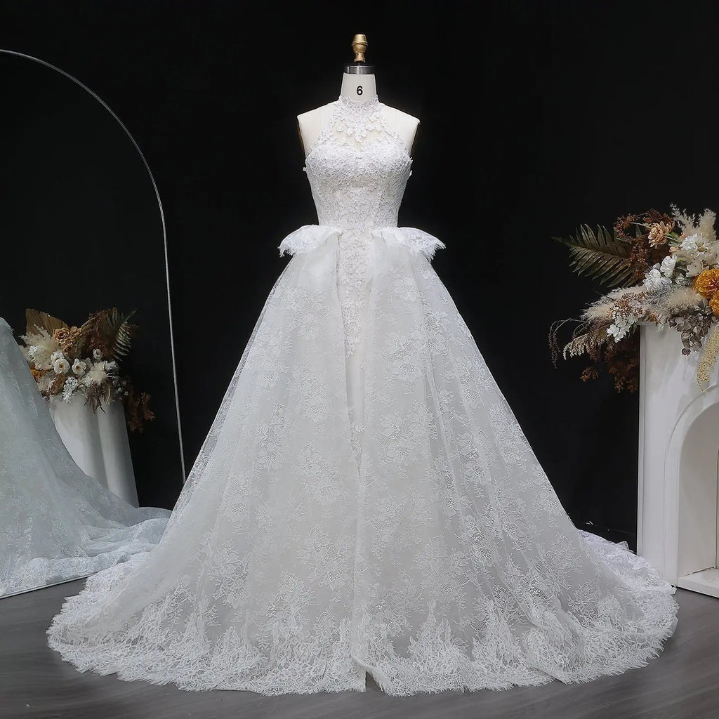 Luxury White A-Line Wedding Dress with Lace Embroidery and Overskirt SW651