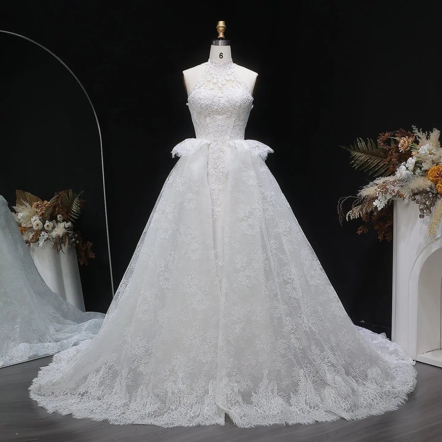 Luxury White A-Line Wedding Dress with Lace Embroidery and Overskirt SW651