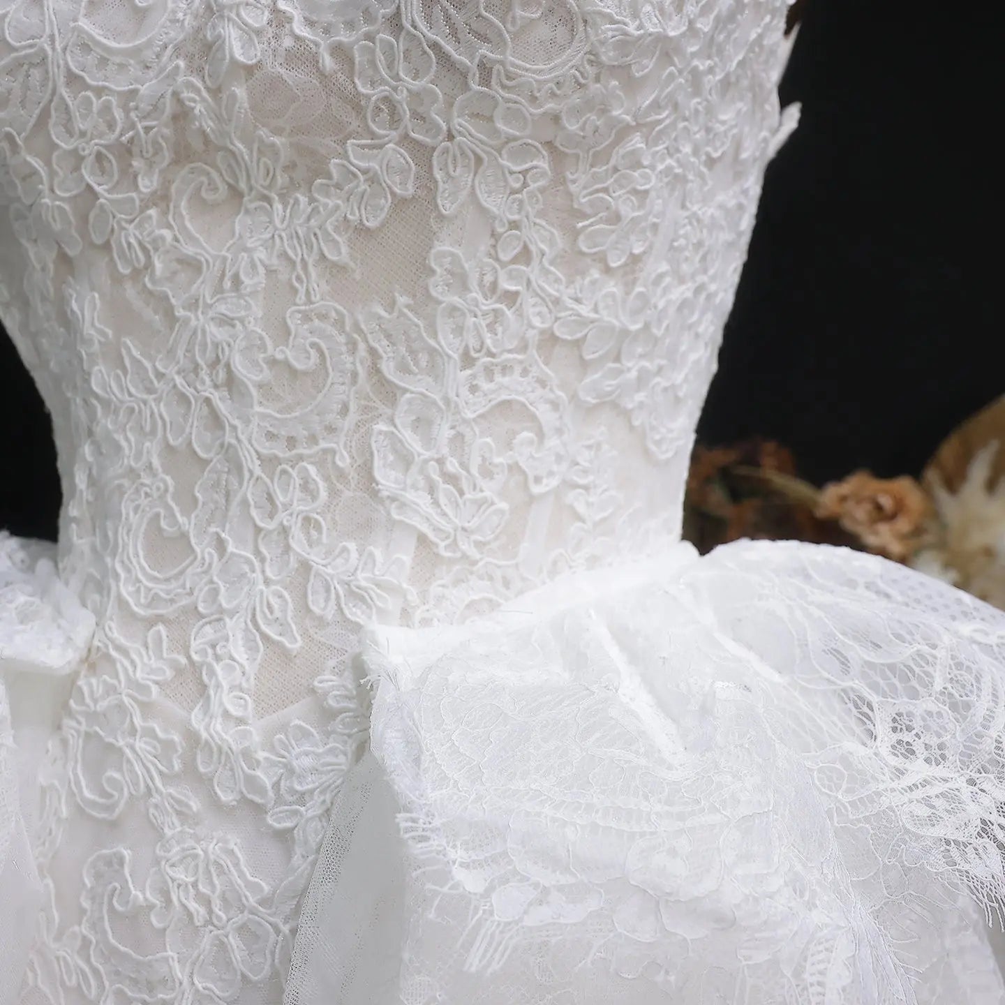 Luxury White A-Line Wedding Dress with Lace Embroidery and Overskirt SW651