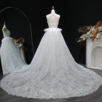 Luxury White A-Line Wedding Dress with Lace Embroidery and Overskirt SW651