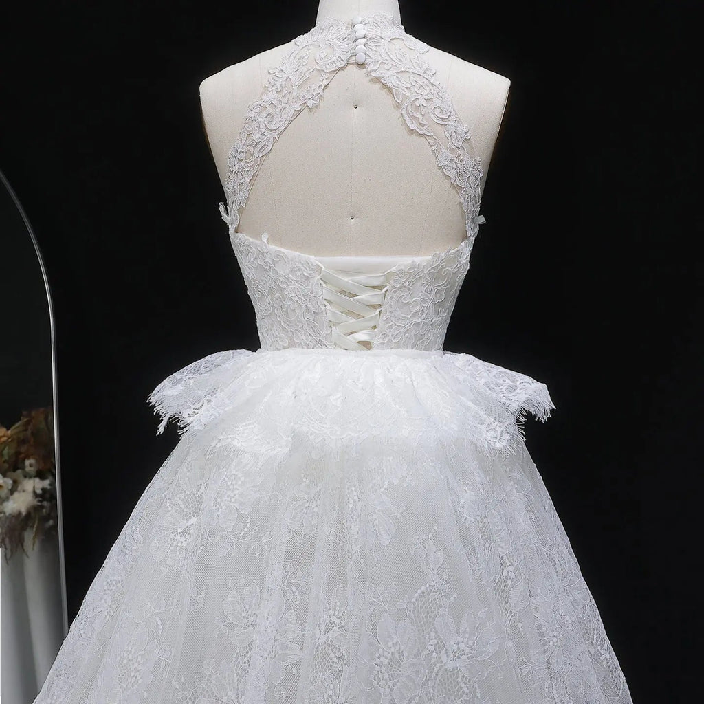 Luxury White A-Line Wedding Dress with Lace Embroidery and Overskirt SW651