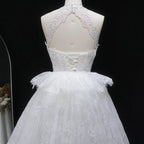 Luxury White A-Line Wedding Dress with Lace Embroidery and Overskirt SW651